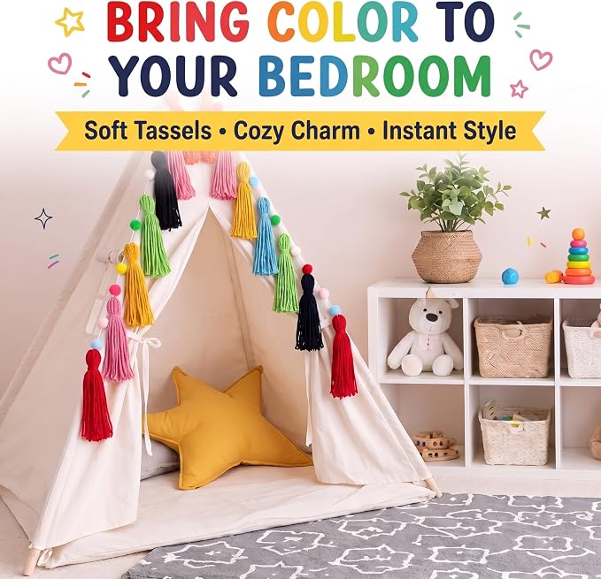 Syhood 3 Pcs Boho Tassel Garland Boho Rainbow Pom Pom Wall Decor Each 50'' - Image 2