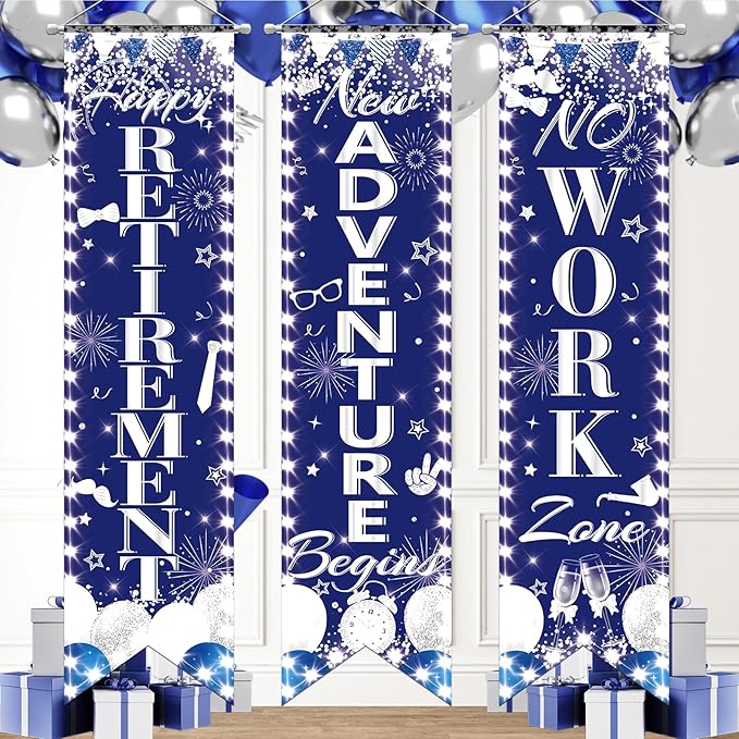 3Pcs Retirement Porch Sign Door Hanging Banner Blue Silver Happy Retirement by TagreSpike