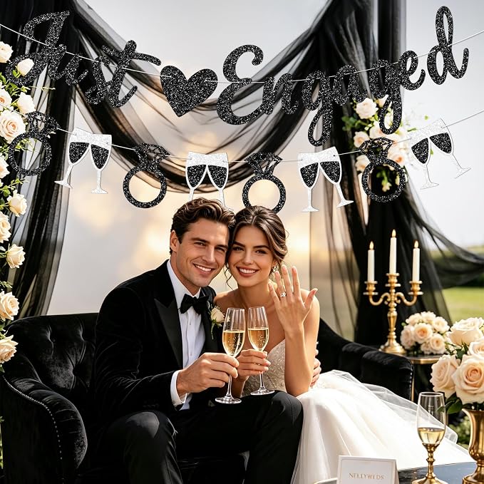 Black Just Engaged Banner Prestrung Engagement Party Decorations Happy - Image 6