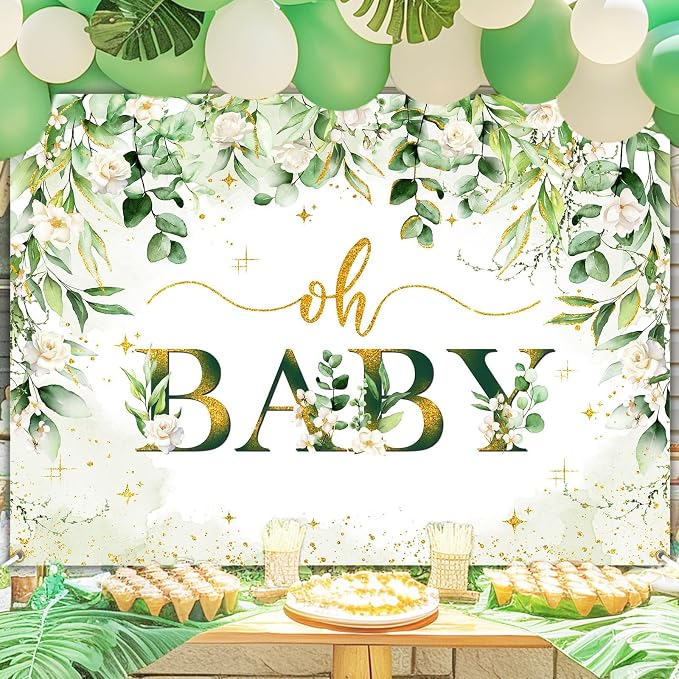 Greenery Boy Baby Shower Decorations Banner Floral Green Sage Oh Baby Backdrop - Image 3