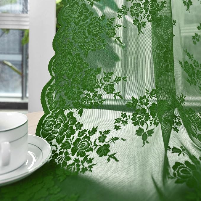 Kotile Dark Green Floral Lace Curtains - Image 5