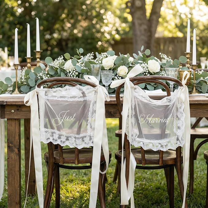 2 Pcs Just Married Sheer Lace Chair Signs - Image 7