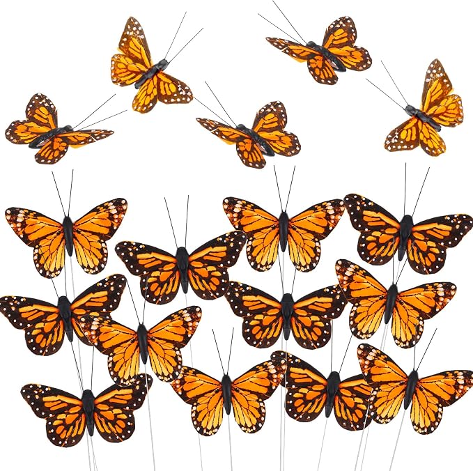 Ysleen 12 Set Monarch Butterfly Decoration Artificial Butterflies Feather Picks - Image 7