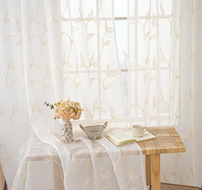 Sheer Curtains Boho Leaf Floral Embroidered Cream Beige 54Wx72L | Light - Image 6