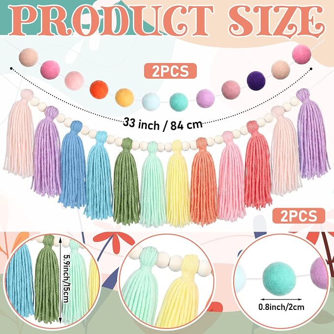 Tenceur Pastel Tassel Garland and Pom Pom Banner Set- 4 Pcs Rainbow Wall Decor - Image 3