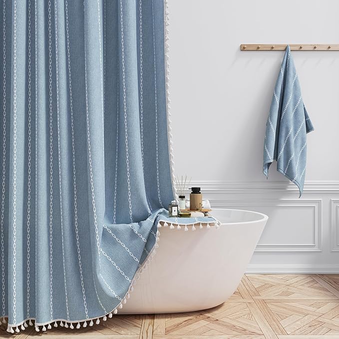 60x72 Boho Farmhouse Linen Heavy Duty Cloth Shower Curtain Set, 330GSM Linen by ShowerCurtain