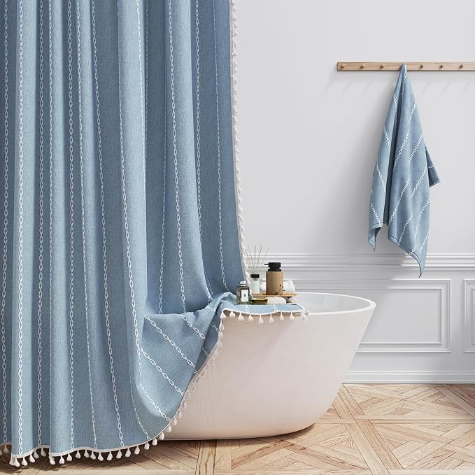 Small Boho Farmhouse Linen Heavy Duty Shower Curtain, 330GSM Linen Blend by ShowerCurtain