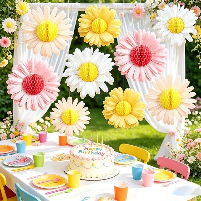 SUNBEAUTY Daisy Flower Hanging Decoration 9Pcs Pink and Yellow Daisy Honeycomb by SUNBEAUTY