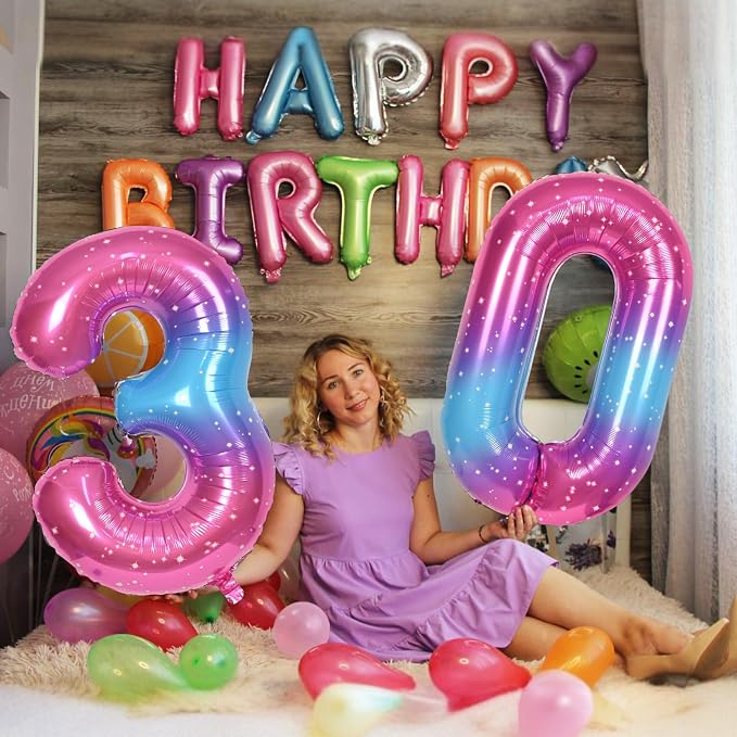 Gradient Blue Pink Number Balloons, Colorful Starry Self Inflating Number - Image 4