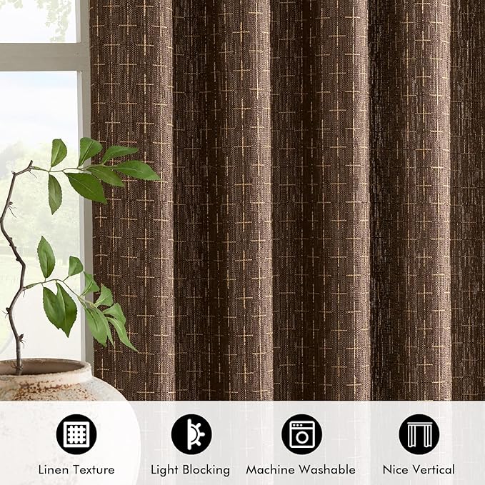 MIULEE Patterned Farmhouse Linen Curtains, Back Tab, Dark Coffeen | Linen - Image 4