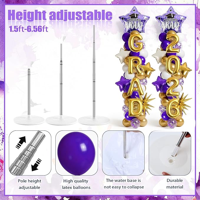 2 Set Adjustable Graduation Balloon Column Stand Kit Purple White Golden - Image 3