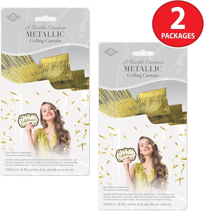 Beistle 2 Piece Gold Metallic Plastic Fringed Ceiling Curtains, 19.5” x 16’ - Image 6