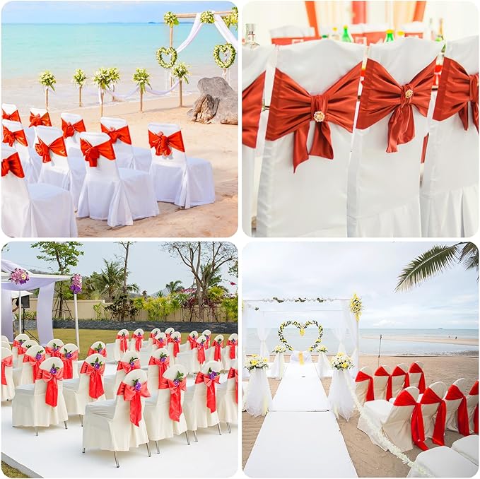 10 PCS Red Satin Chair Sashes Bows Universal Chair Ribbon Ties Back Sash for Wedding Party Reception Events Banquets Hotel Event Chair Cover Decoration (7x108 inch)