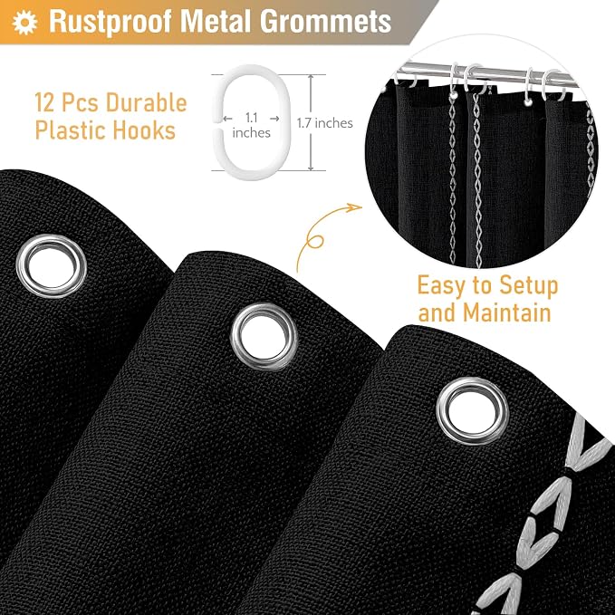 Black and White Boho Linen Heavy Duty Cloth Shower Curtain Set, 72x72 | 330GSM - Image 5