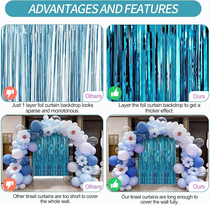 Crosize 2 Pack 3.3 x 9.9 ft Blue Foil Fringe Curtains Party Decorations - Image 3