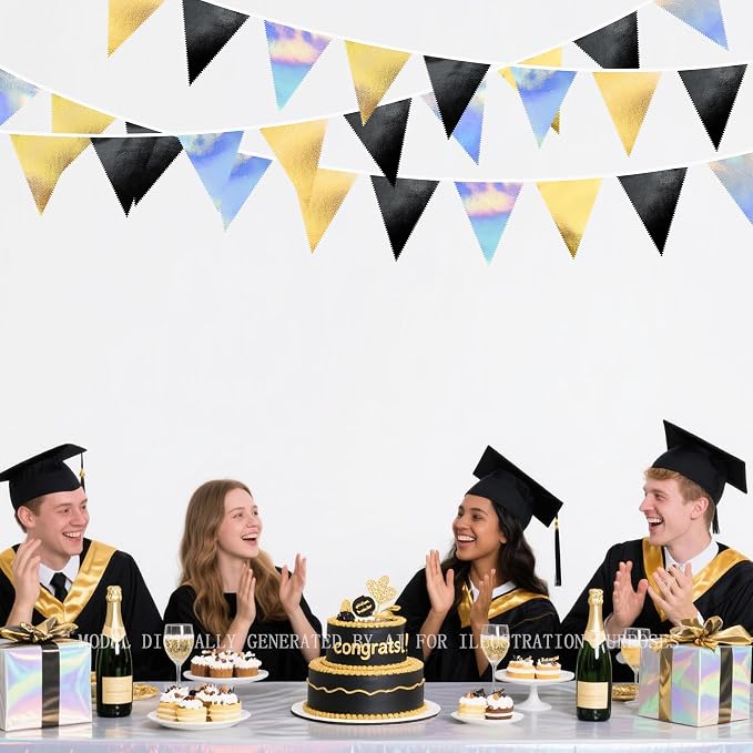 Black Gold Iridescent Party Decorations Triangle Pennant Banner Flag Metallic - Image 5