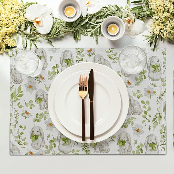 Easter Bunny Rabbits Placemats Set of 4 Easter Spring Green Leaves Flroal - Image 3