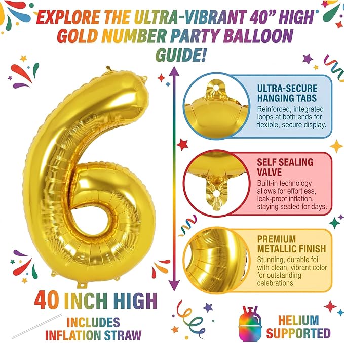40 Inch Gold Number 6 Foil Balloon - Image 2