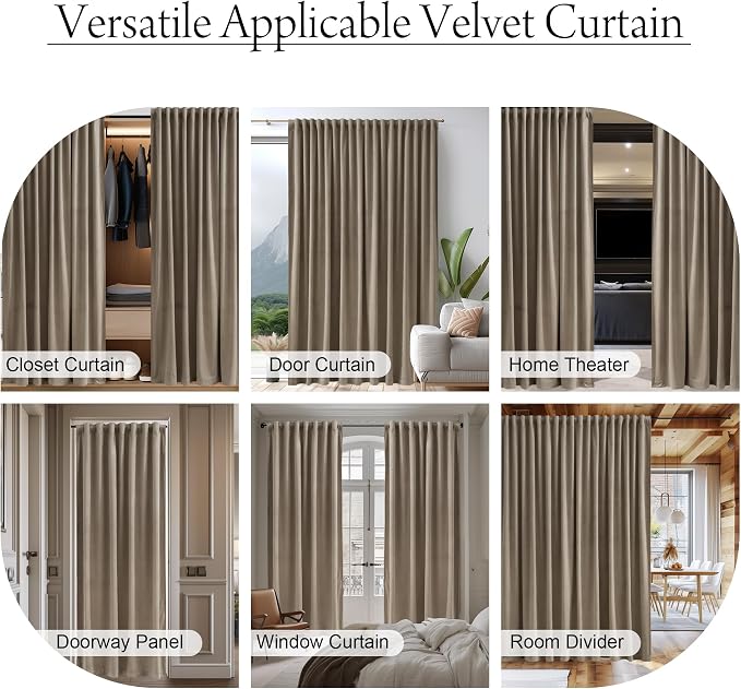 Camel Beige Velvet Curtains Back Tab Thermal Insulated Privacy Room Divider - Image 6