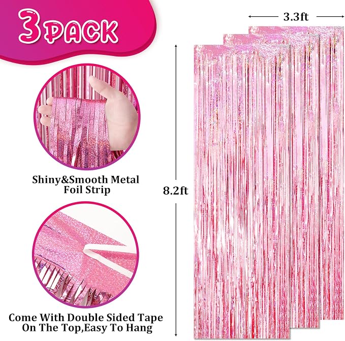 Voircoloria 3 Pack 3.3x8.2 Feet Laser Pink Foil Fringe Backdrop Curtains - Image 3