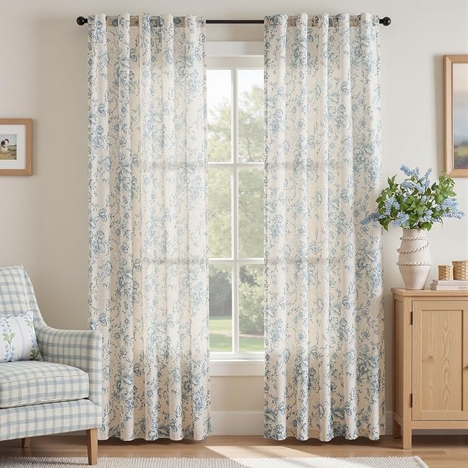 jinchan Blue Floral Linen Curtains 84 Inch Vintage Back Tab 2 Panels | Light by JINCHAN