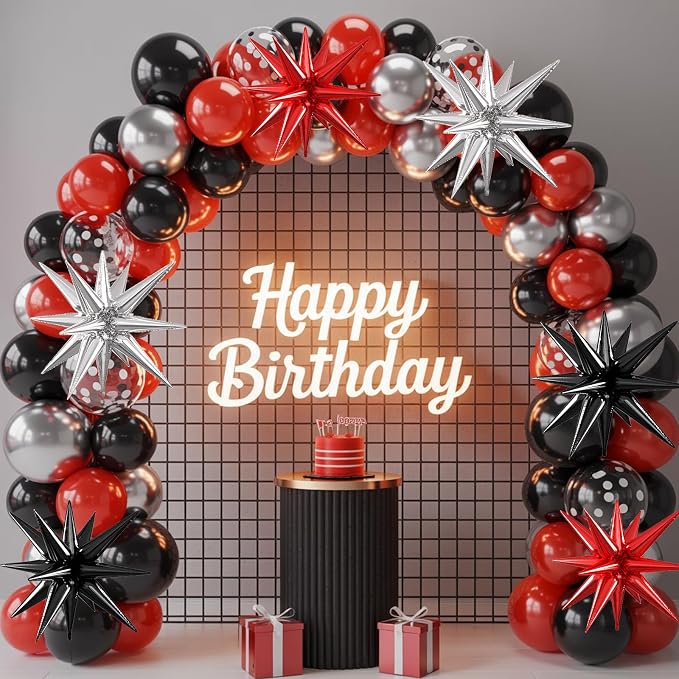 Silver Red Black Star Balloons, 22/27 Inch Silver Black Red Star Foil Balloons - Image 4