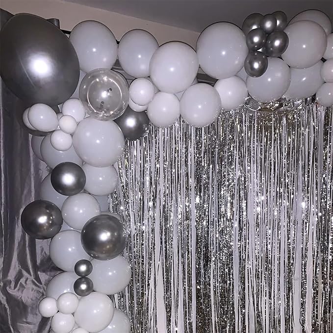 Silver and White Balloons, 12 Inch Metallic Silver White Latex Balloons Set - Image 7
