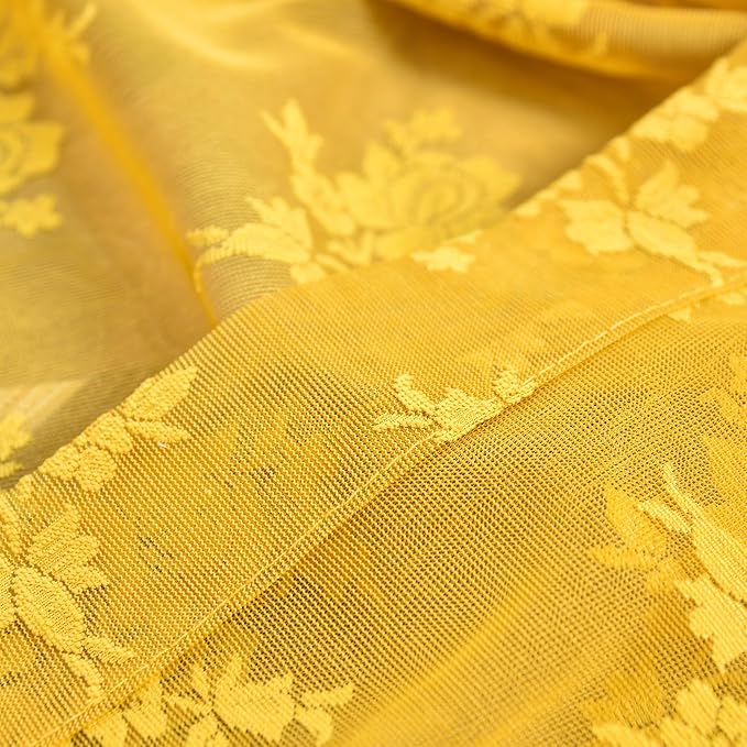 Kotile Mustard Yellow Sheer Lace Curtains Rustic Floral 52x84 Inch 2 Panels | - Image 7