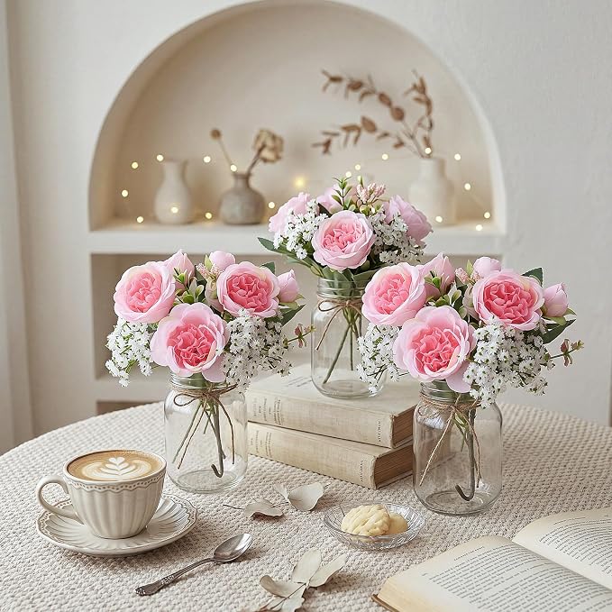 XunYee 10 Set Mason Jars for Centerpieces, Dark Pink, Gypsophila | Mason Jar - Image 4