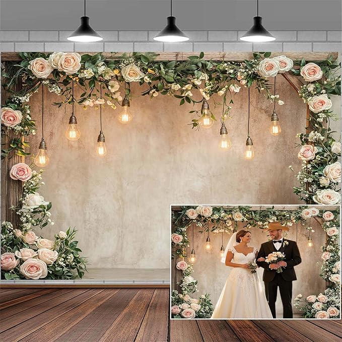 5x4ft Country Wedding Photography Backdrop Floral Rustic Roses Farmhouse Wooden Door Backdrop Pink Flower Birthday Baby Shower Wedding Bridal Party Banner Photo Booth Props Anniversary Background