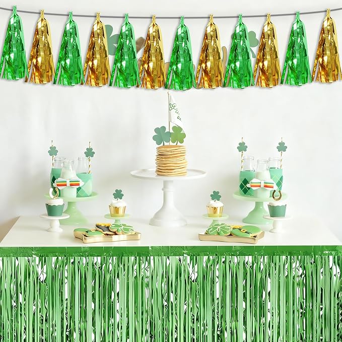 3P Sage-Green Gold Tassel Banner Garland Metallic Foil Fringe Banner Tinsel - Image 5