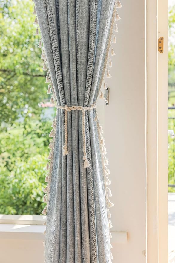 Boho Curtains for Bedroom Embroidery Striped Farmhouse Linen Curtains 63 Inch - Image 5