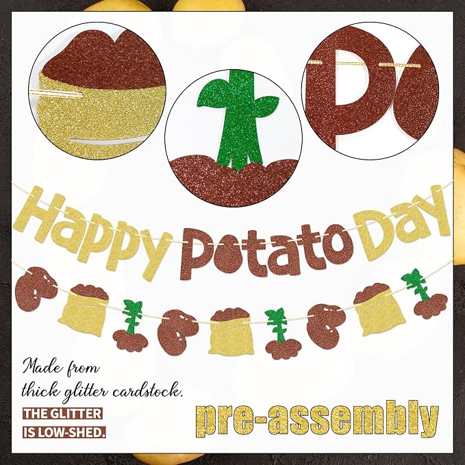 Happy Potato Day Banner, Pre-strung | Brown Glitter Potato Decor - Image 3