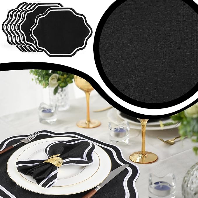 6 Pcs Black Wedding Placemats Scalloped Embroidered Cotton Linen Placemats 17" - Image 5