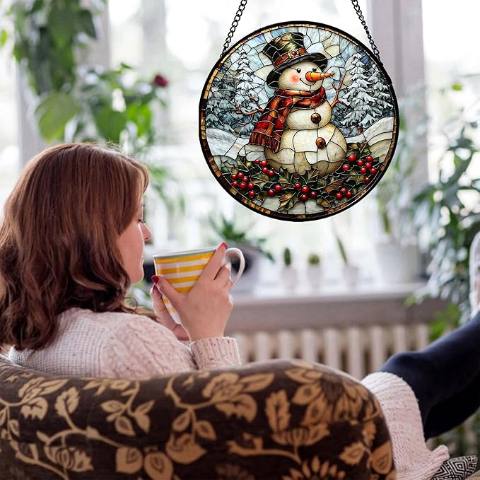 Stained Glass Window Hanging - Christmas Snowman Suncatcher for Door Terrace Garden Home Decor Winter Forest Snow Sun Catcher Birthday Gifts for Lovers Women Men Dad Mom Nana 9.8 in