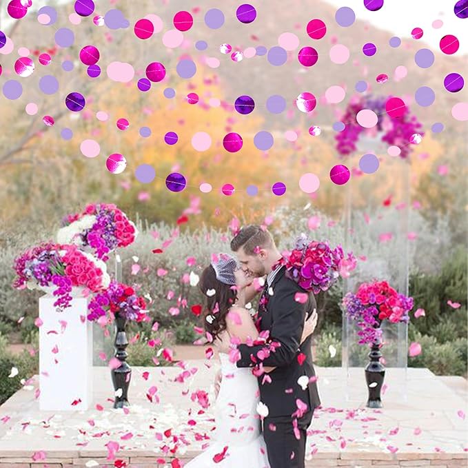 Pink and Purple Party Decorations Circle Dots Garland Hot Pink Lavender Hanging Polka Dot Streamer for Girls Birthday Baby Shower Bridal Shower Wedding Bachelorette Anniversary Party Supplies