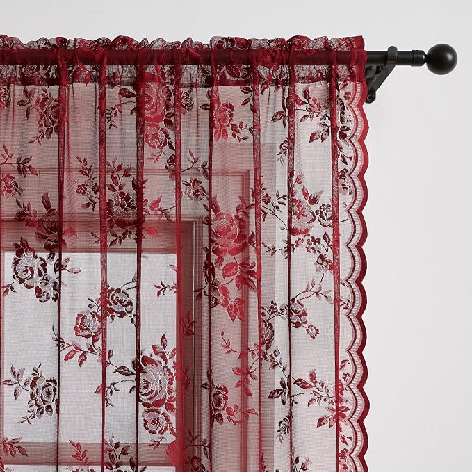 Burgundy Lace Curtains 84 Inches Long Vintage Floral Curtains 2 Panels - Image 4