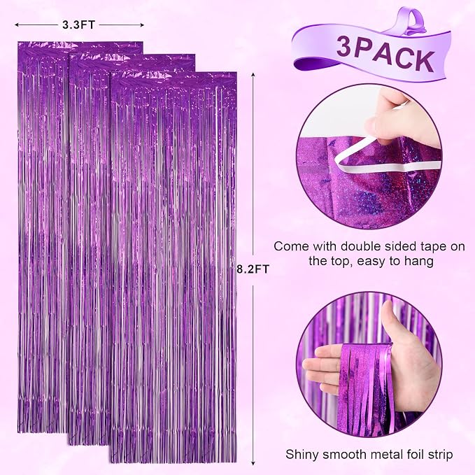 Voircoloria 3 Pack 3.3 x 8.2 ft Laser Purple Foil Fringe Backdrop Curtains - Image 4