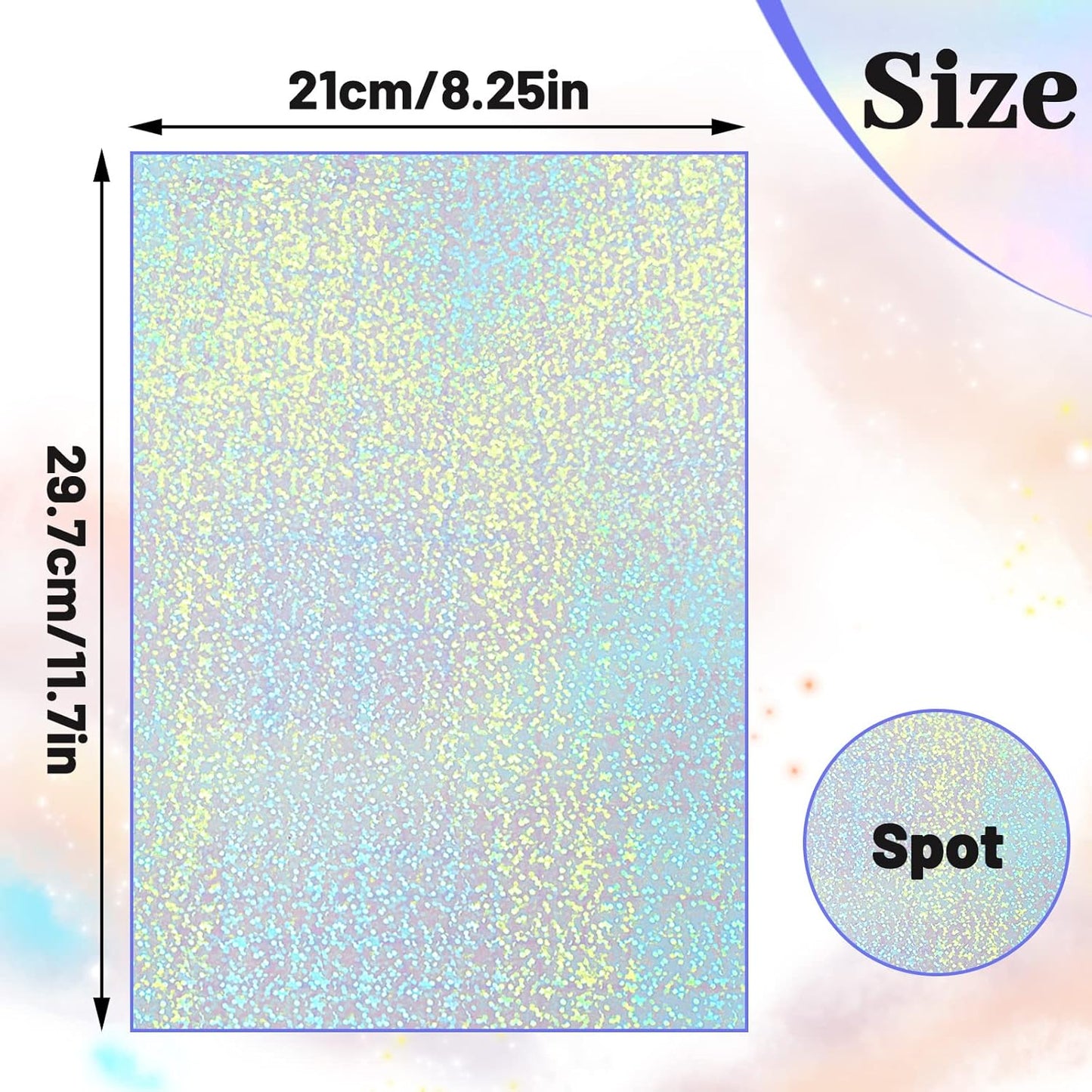 Nezyo 60 Sheets Holographic Laminate Sheets Clear Glitter A4 Size Vinyl Sticker Paper Holographic Overlay Self Adhesive Waterproof Transparent Film, 11.7 x 8.3 Inch (Little Dot)