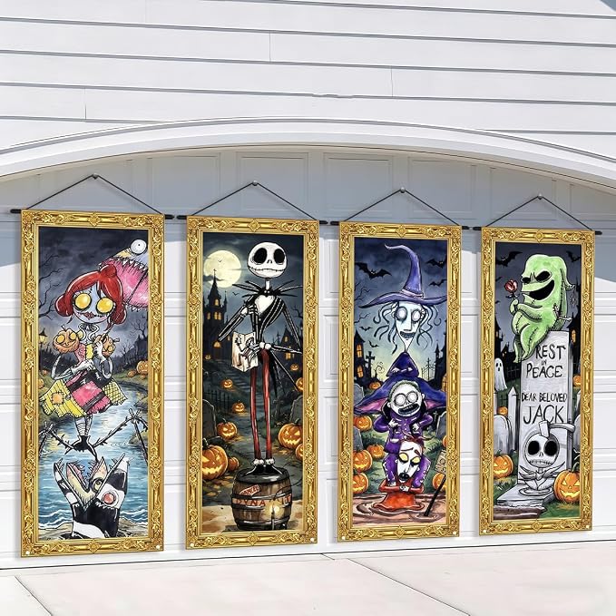 Funny Halloween Banner 4pc October Purple Skull Backdrop Sign Spider Web Party by Flaircave