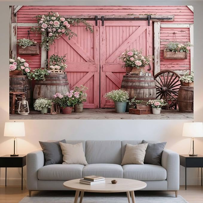 5x3ft Country Wedding Pink Photography Backdrop Rustic Wooden Barn Door Photography Backdrop Farmhouse Flower Western Girl Birthday Baby Shower Wedding Bridal Party Banner Photo Booth Props Background
