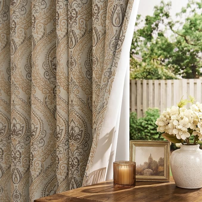jinchan Taupe Damask Curtains 54 Inch Room Darkening Grommet 2 Panels | - Image 2