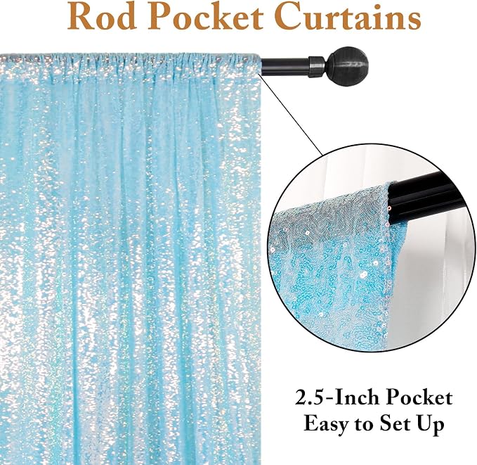 ShinyBeauty 10x10FT Iridescent Aqua Blue Sequin Backdrop Shimmer Wall Photo - Image 4