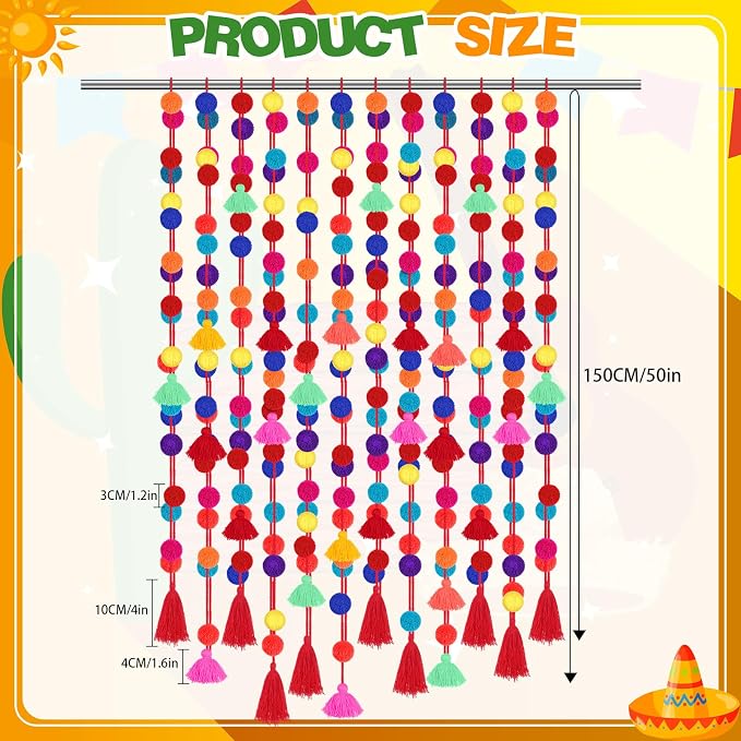 VitalCozy 12 Pcs Mexican Pom Pom Garland Colorful 59 Feet Fiesta Alter Yarn - Image 2