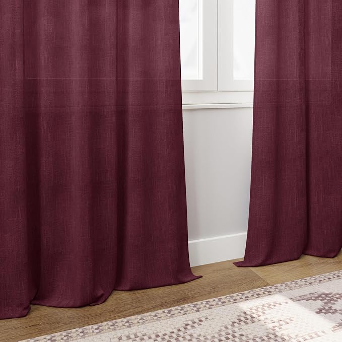 Burgundy Linen Curtains Semi Sheer 96 Inches Long 2 Panels Set - Image 6