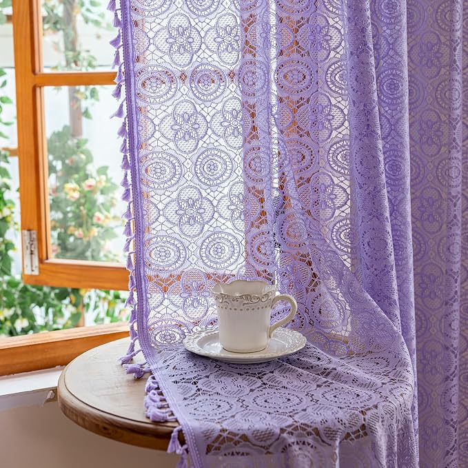 YJ YANJUN Boho Lace Curtains, Light Purple Sheer Panels, 59x84 inch, Pair | by YJYANJUN