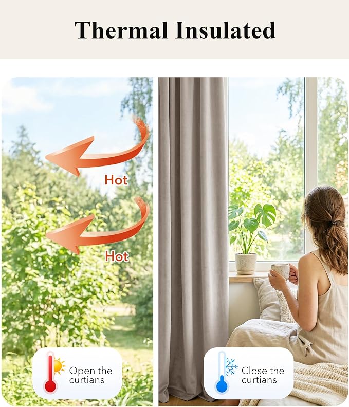 Camel Beige Velvet Curtains for French Door Decor, Light Blocking, Heat - Image 6