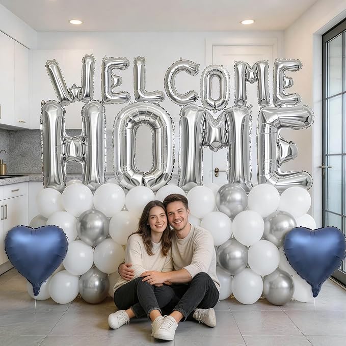 Welcome Home Balloons Blue Silver, 40Inch HOME and 16Inch Welcome Foil Balloons - Image 3
