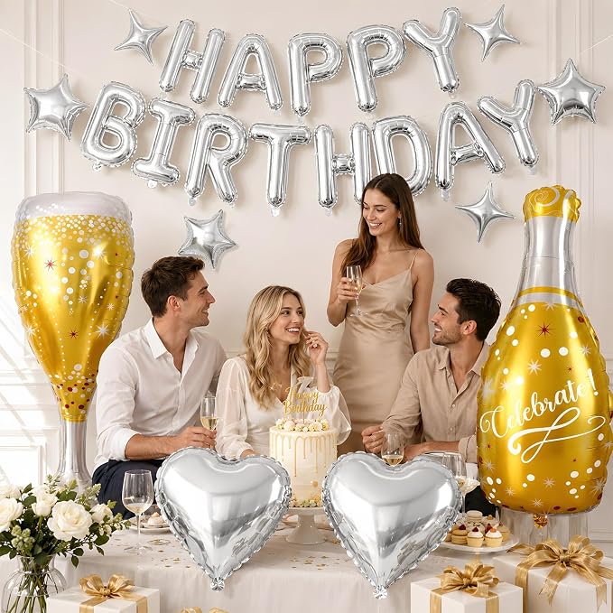 Silver Happy Birthday Balloons Banner, Champagne Bottle Glass Foil Balloon - Image 7