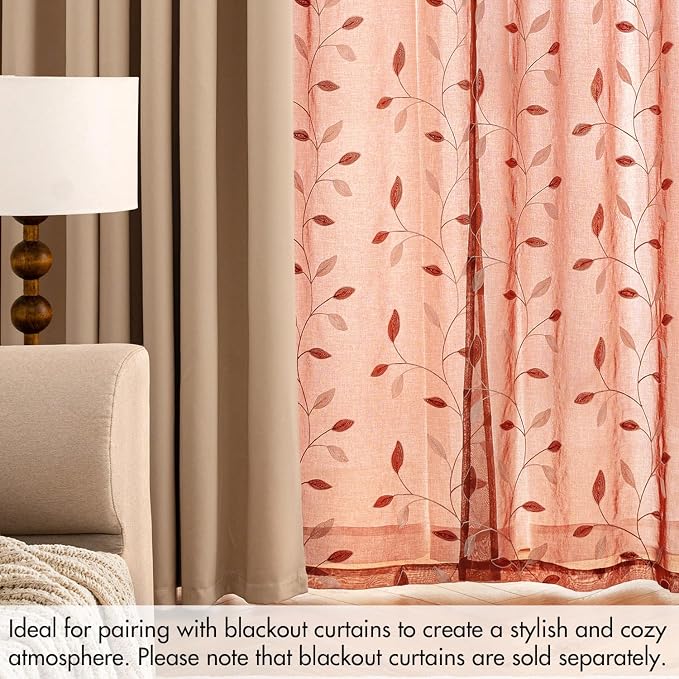 MIULEE Terracotta Sheer Fall Leaf Curtains Burnt Orange 2 Panels 52"x96" | - Image 7